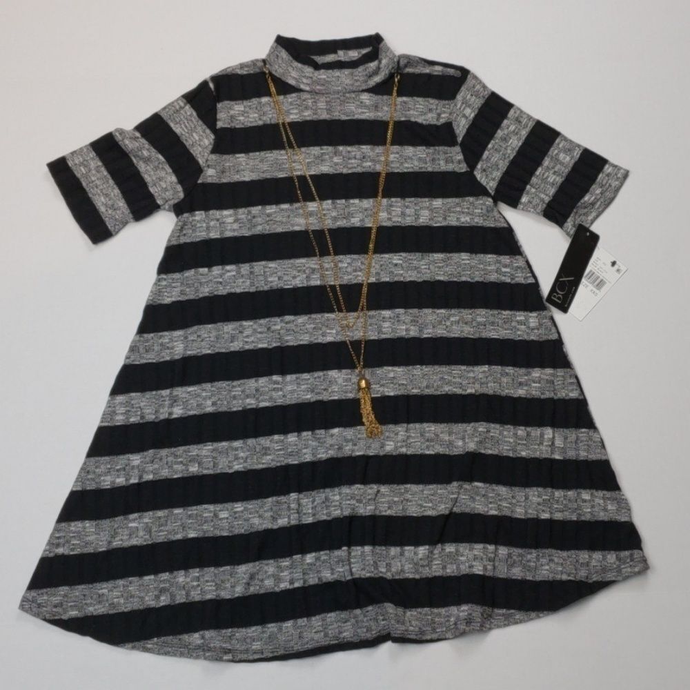 NWT BCX Striped Mock Neck A-Line Dress with Necklace Black Grey XXS